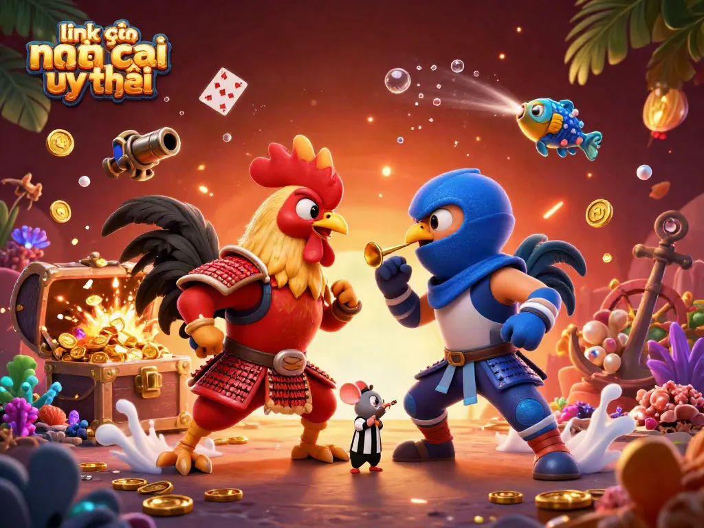 Bet on link vào nhà cái uy tín with a showdown of rooster warriors and treasure elements.
