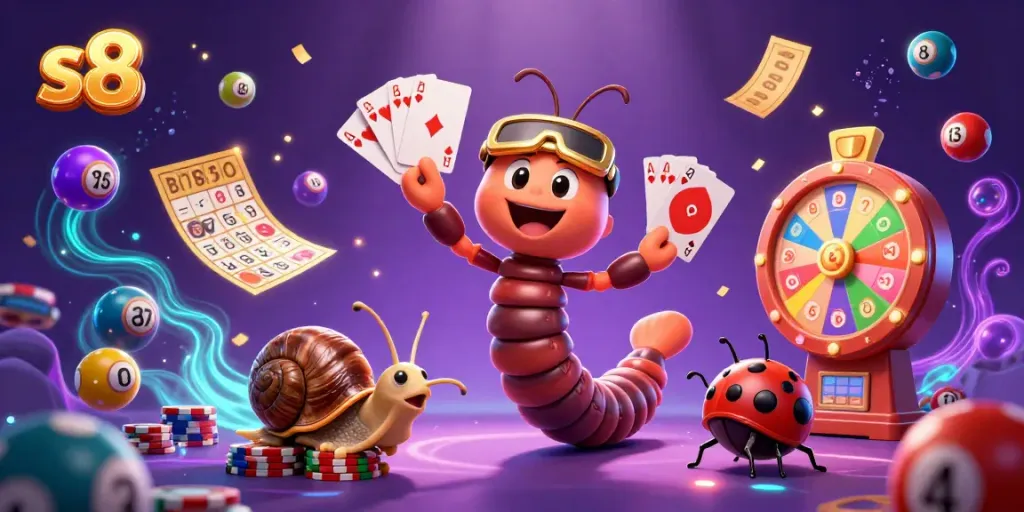 S8 lively casino atmosphere with a colorful cartoon millipede dealer and vibrant gaming elements.