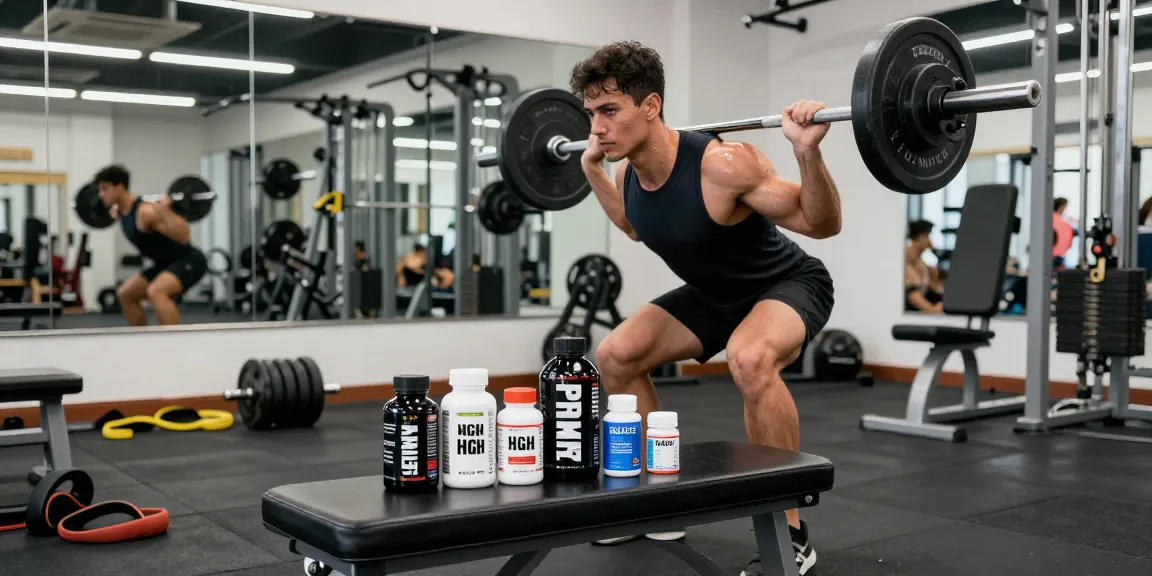 Prime Pharma Steroiden showcased in a vibrant gym scene with a bodybuilder lifting weights amid workout gear.
