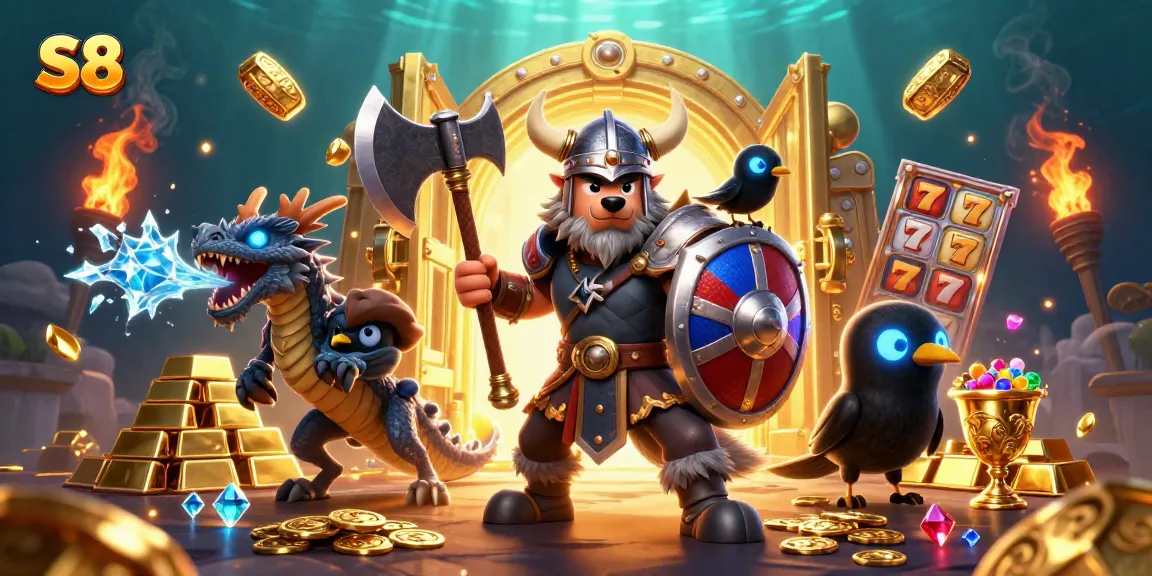 Win big playing S8 with engaging characters amidst treasure and bright casino elements.