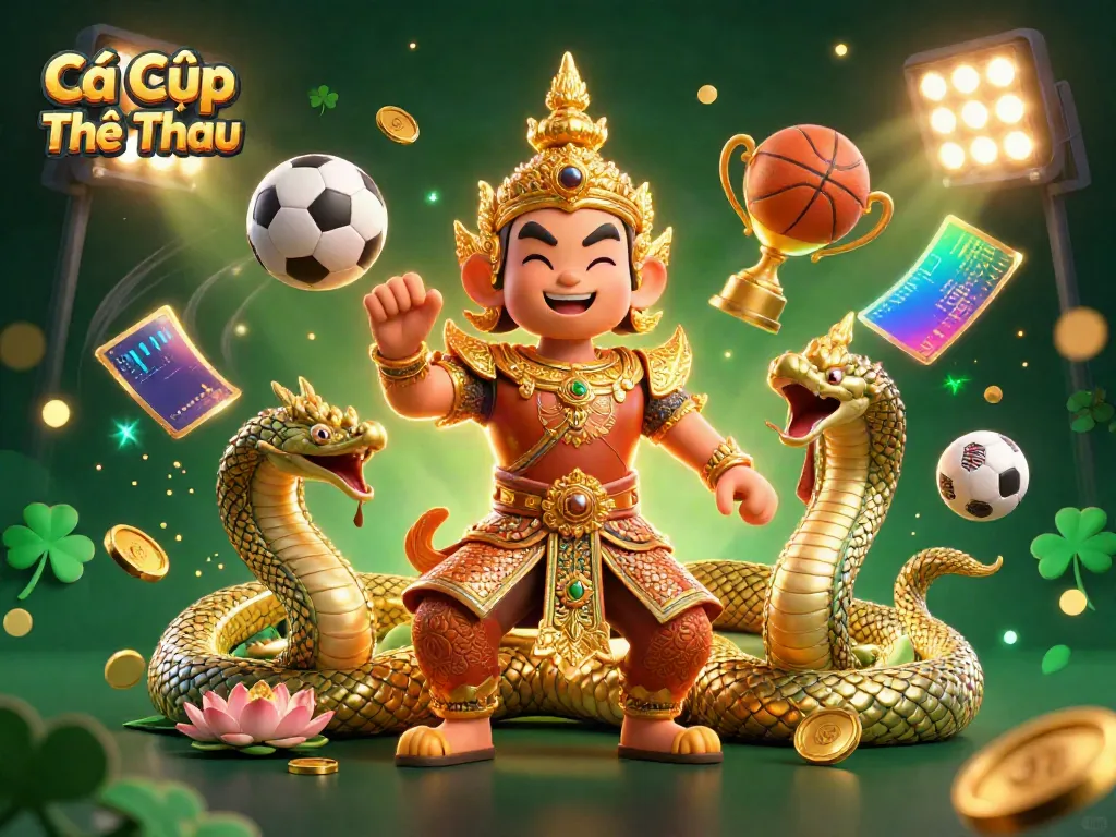 Cá Cược Thể Thao showcases a vibrant 3D illustration of sports betting excitement featuring a Thai guardian, Naga serpents, and dynamic sports elements.