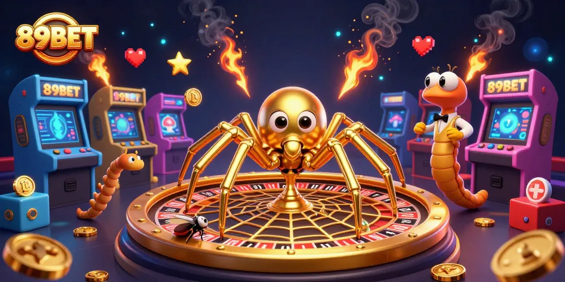 Engage with 89BET as a golden spider spins a roulette web, showcasing thrilling bets and vibrant casino excitement.
