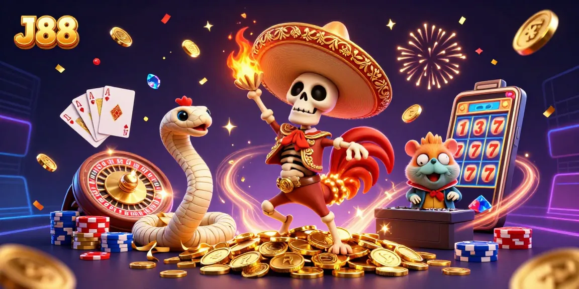 Experience the thrill of J88 with a vibrant online casino celebration scene featuring animated characters.