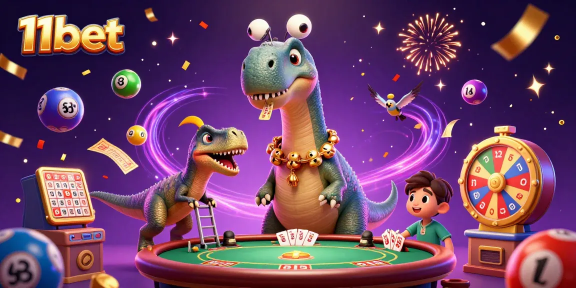 Experience the thrill of 11bet with a dynamic casino scene featuring playful dinosaurs and vibrant gaming elements.