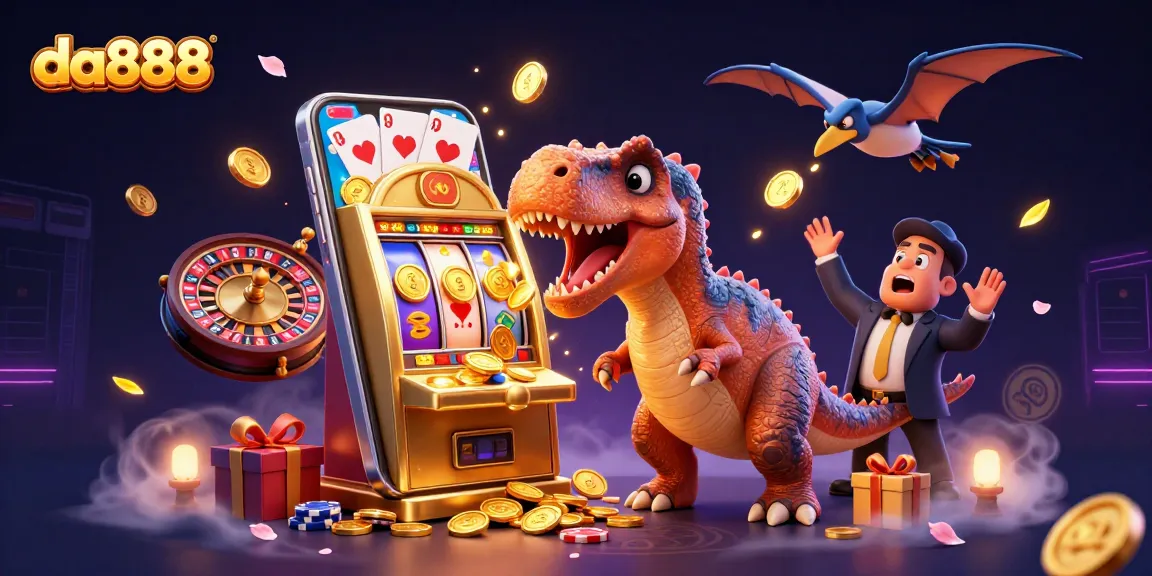 da888 players enjoying a jackpot win with a dinosaur at a golden slot machine