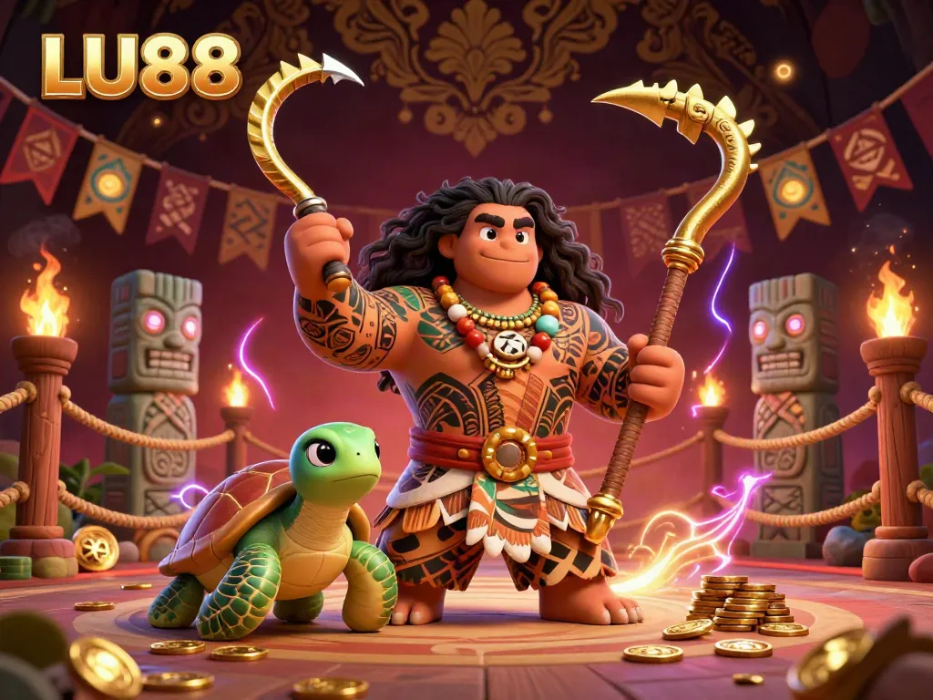 Join LU88's thrilling adventure in this vibrant 3D illustration featuring a demigod and turtle amidst a colorful casino atmosphere.