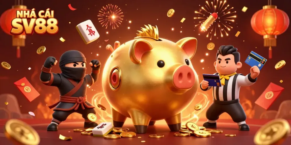 Experience NHÀ CÁI SV88 with an action-packed scene featuring a piggy bank sumo wrestler, showcasing a fun gaming atmosphere.