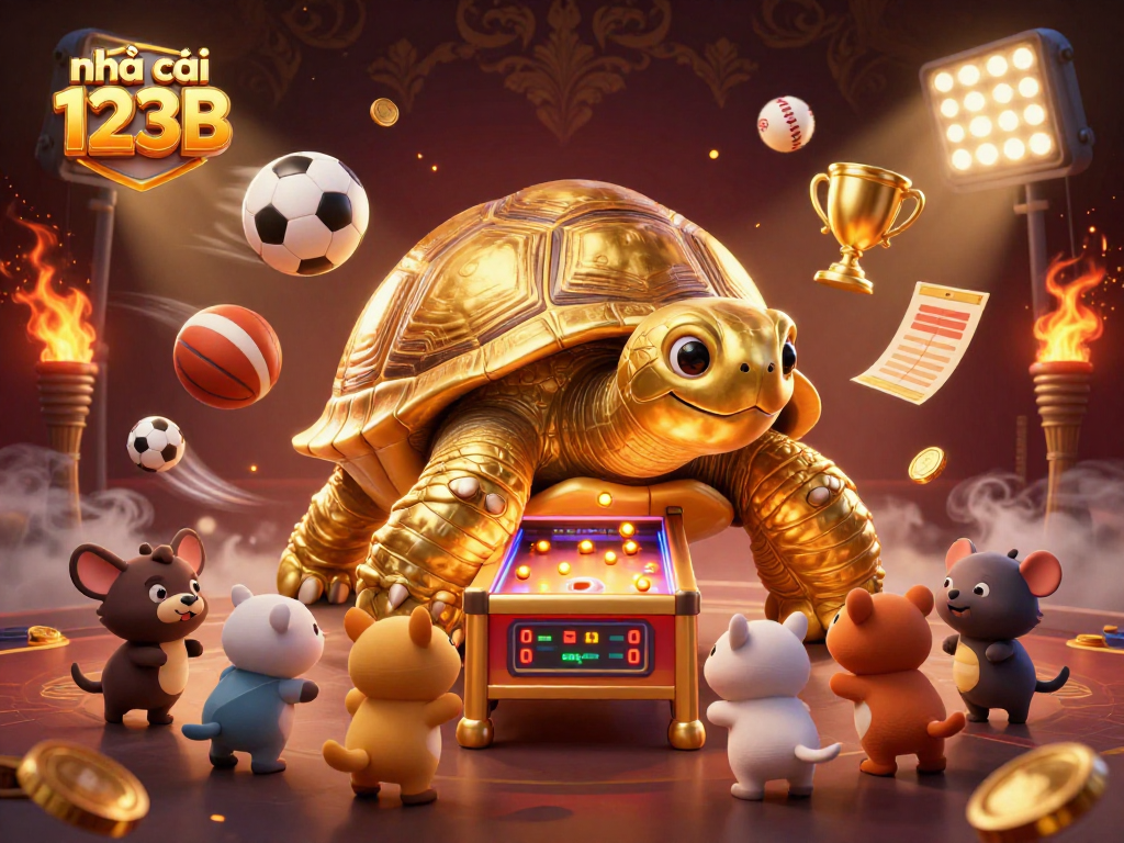 Action-packed scene showcasing nhà cái 123B with a colossal tortoise pinball machine and dynamic sports elements.