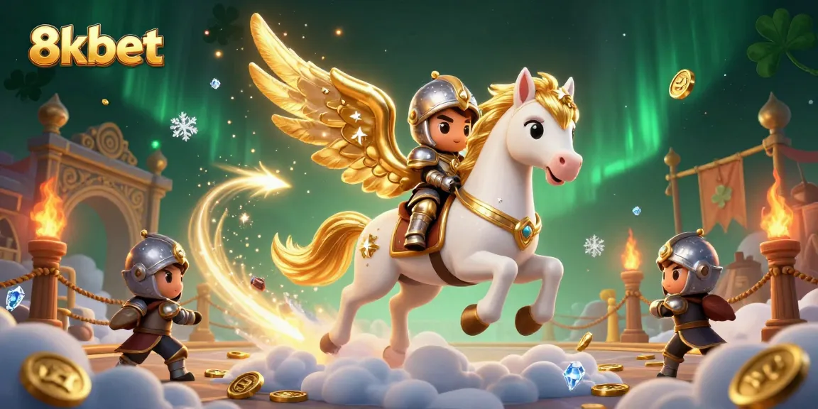 Engage with 8xbet's thrilling gaming experience featuring a galloping celestial horse in a dynamic casino scene.