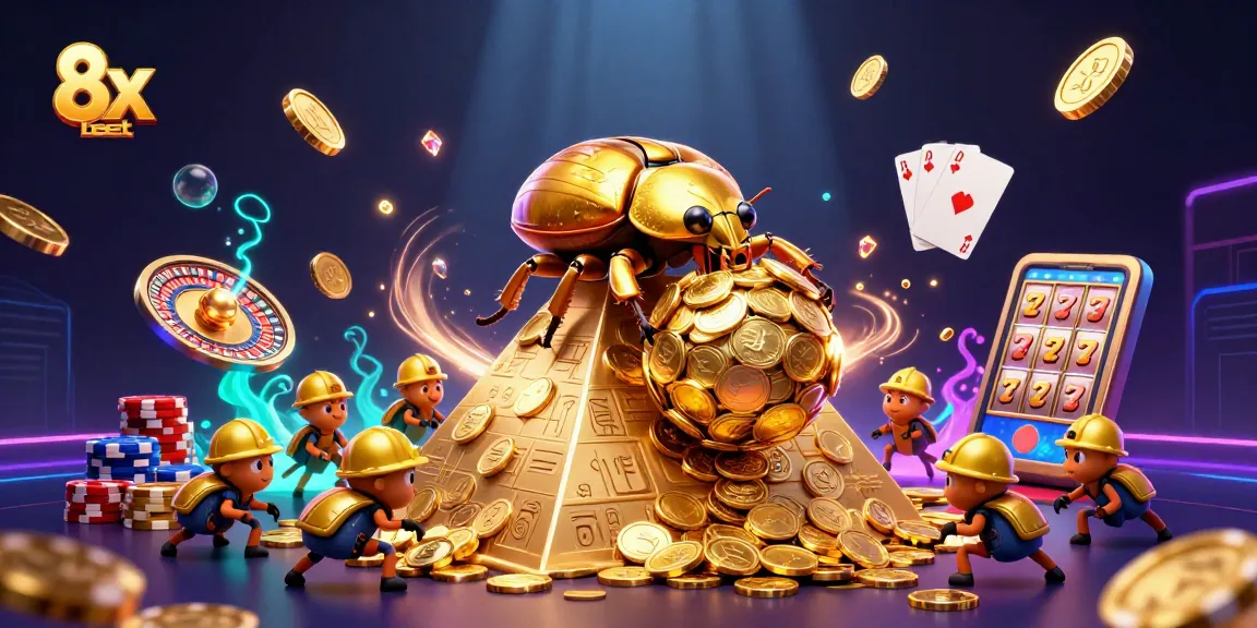 Experience the thrill of 8x bet with golden coins, beetles, and casino elements in vibrant action.