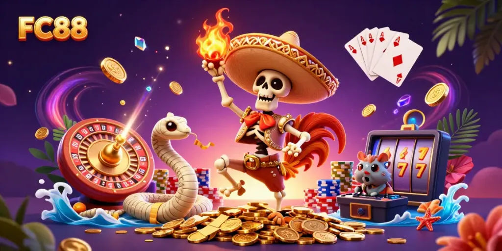Experience excitement at FC88 with a vibrant 3D casino scene showcasing characters and dynamic game elements.