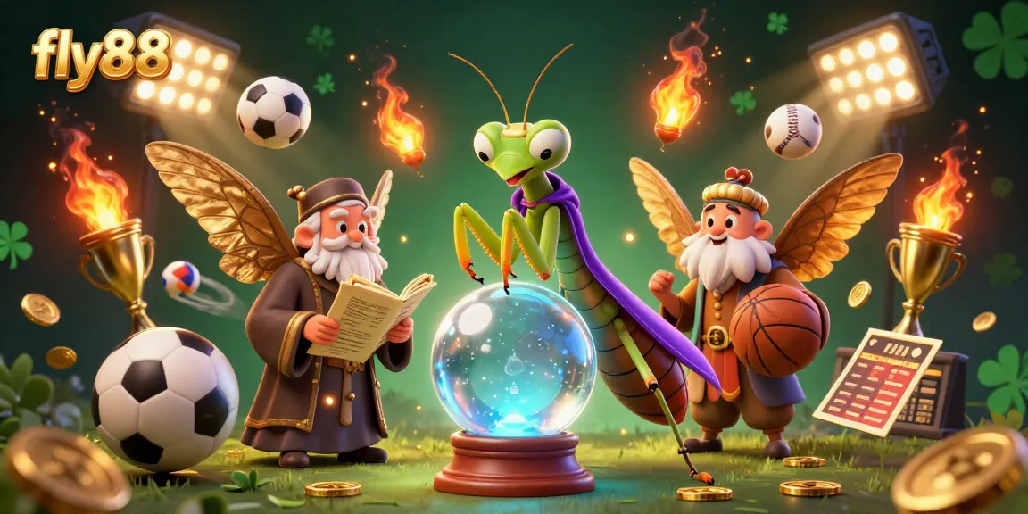 fly88 engages bettors with a dynamic 3D scene featuring gambling elements and cartoon fortune tellers.