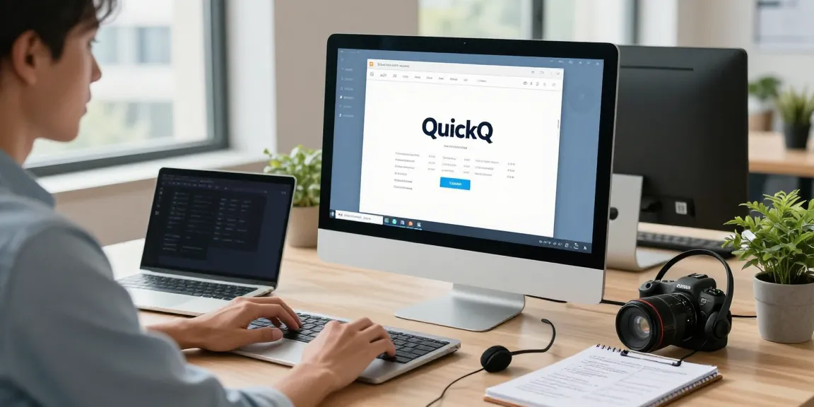使用quickq电脑版体验现代办公环境，展现专业人士专注操作电脑的场景。
