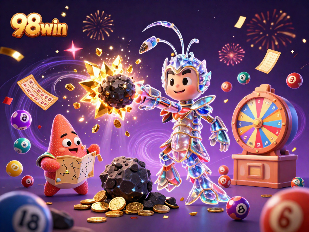 Engage in exciting casino action with 98win, featuring vibrant lottery elements and a dynamic, celebratory scene.