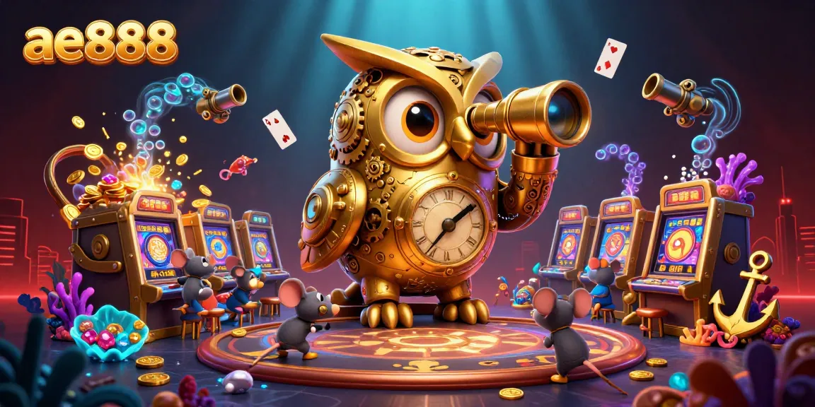 Engage with ae888's thrilling casino experience through vibrant imagery featuring a golden owl and playful mice.