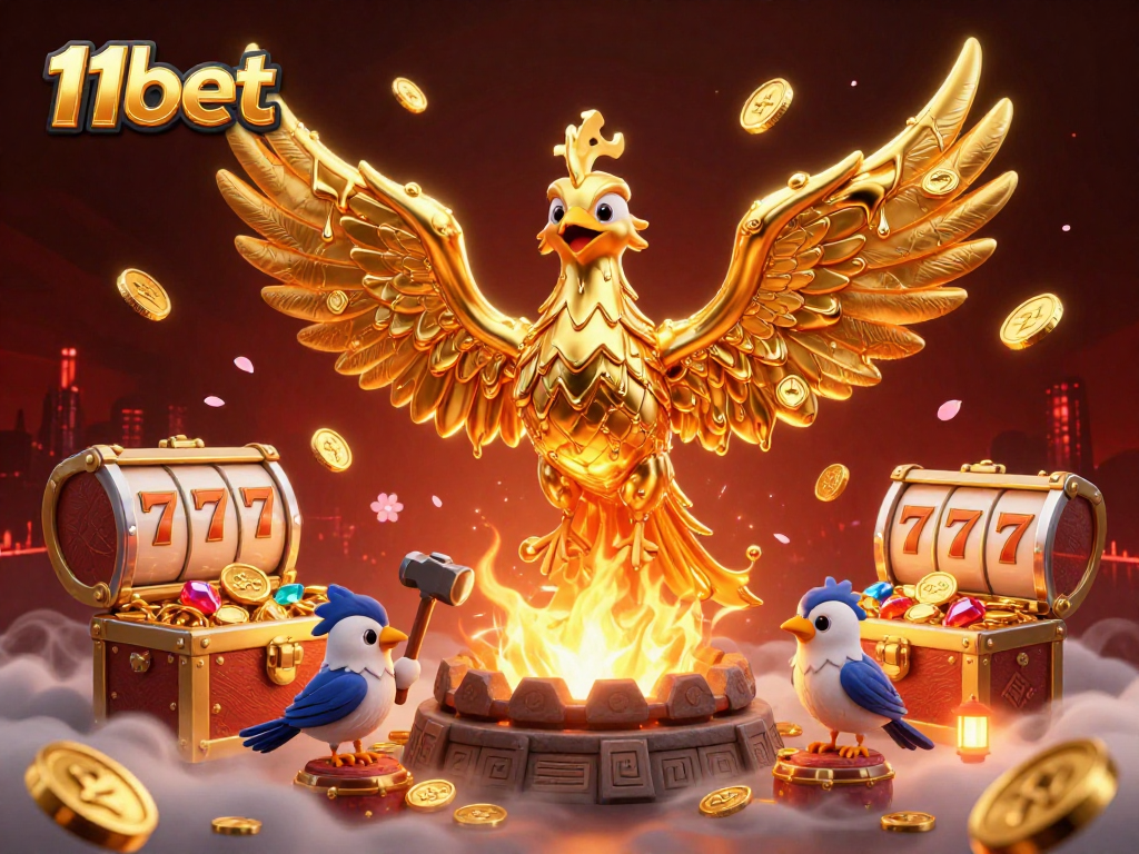 Engage with immersive gaming adventures at 11bet, illustrated by a molten phoenix and treasure.