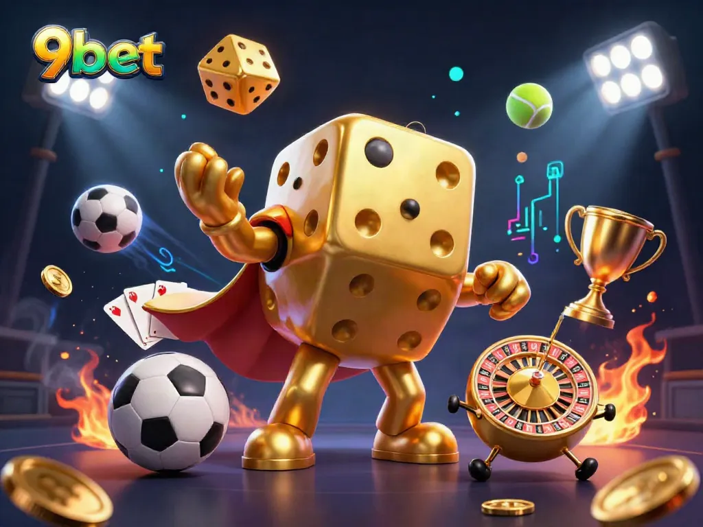 Experience the excitement of 9bet with a vibrant 3D illustration of a golden dice golem and dynamic gaming elements.