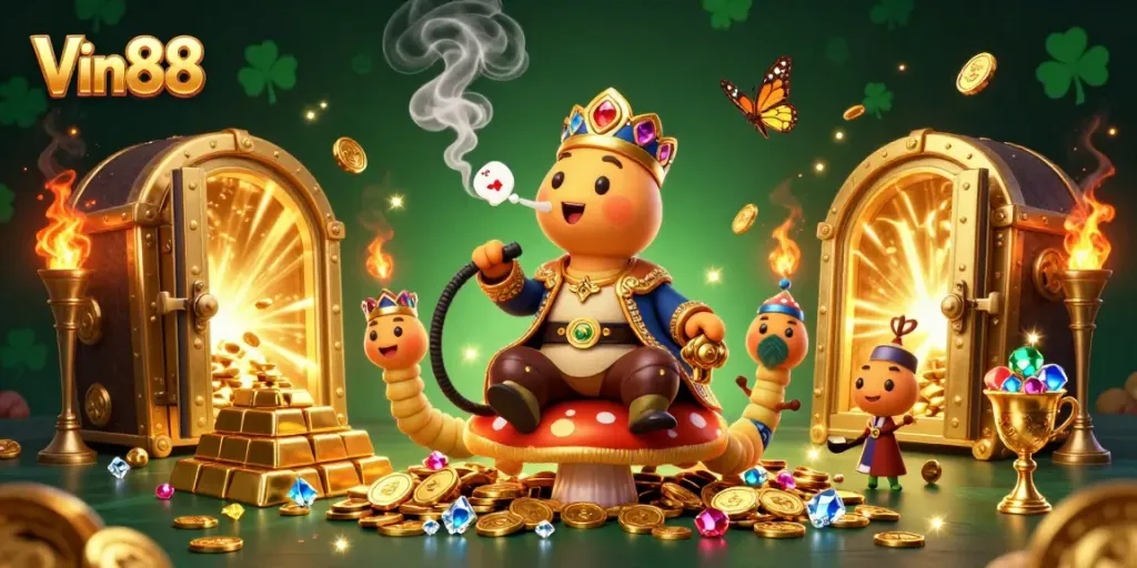 Win big with Vin88 in a captivating 3D casino illustration showcasing rich treasures.