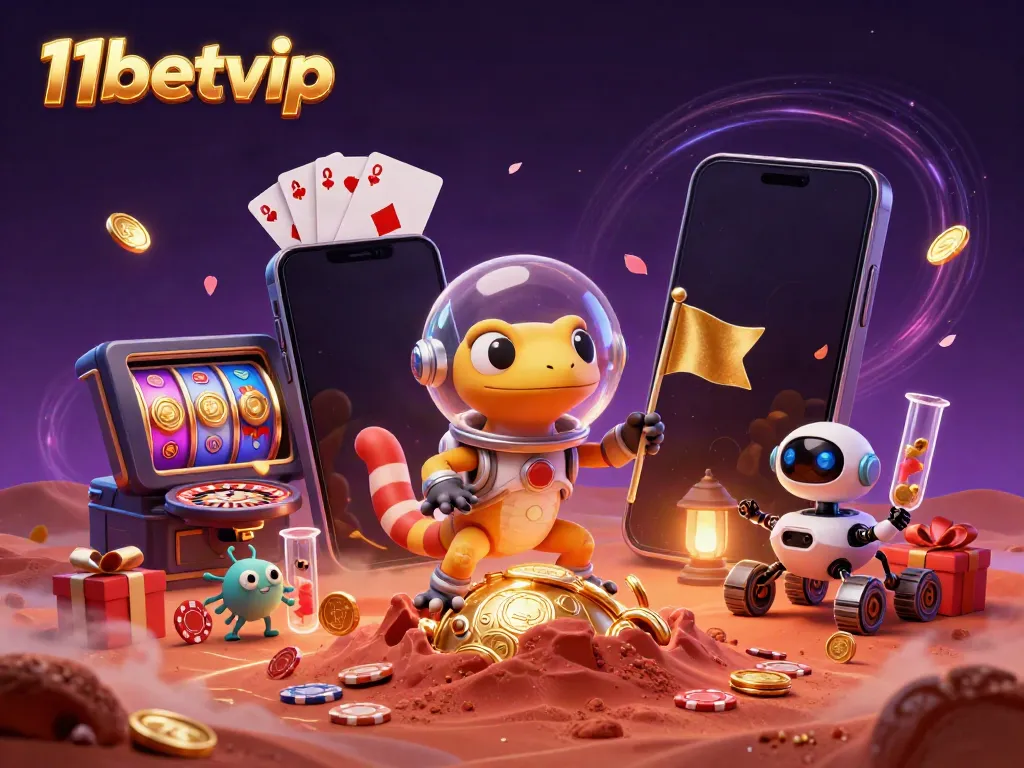 Experience the excitement of 11betvip with a Martian gecko discovering a golden casino in a vibrant scene.