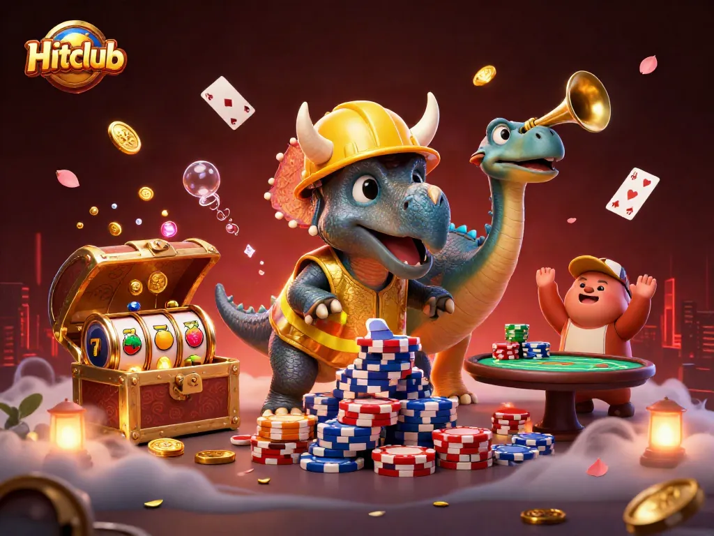 Hitclub features a colorful casino scene with a triceratops and celebratory elements, showcasing poker excitement.