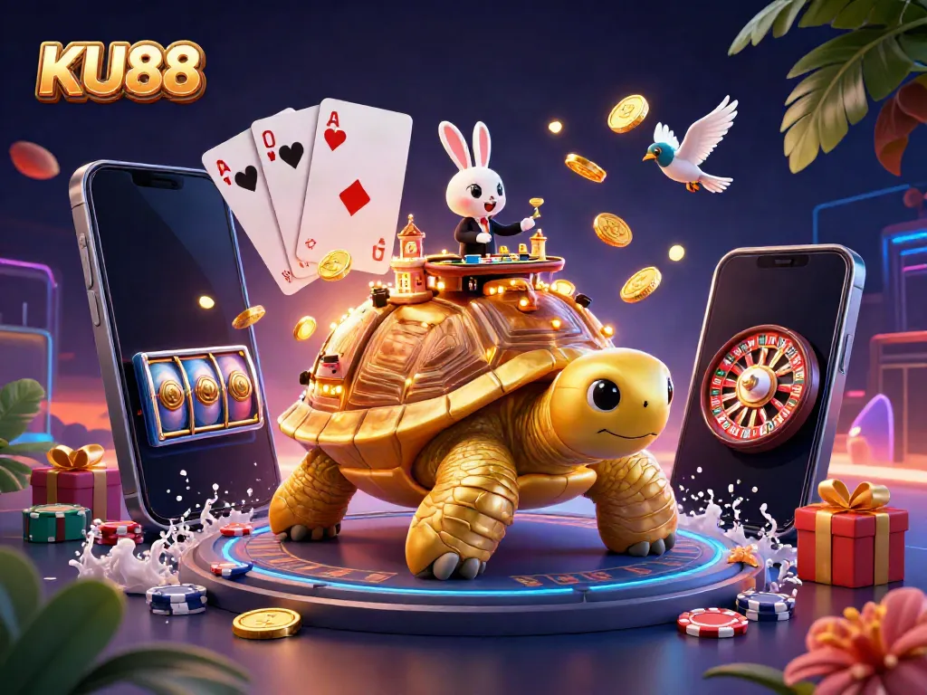 Engage with KU88, a vibrant online casino realm featuring a golden tortoise, card games, and coins.