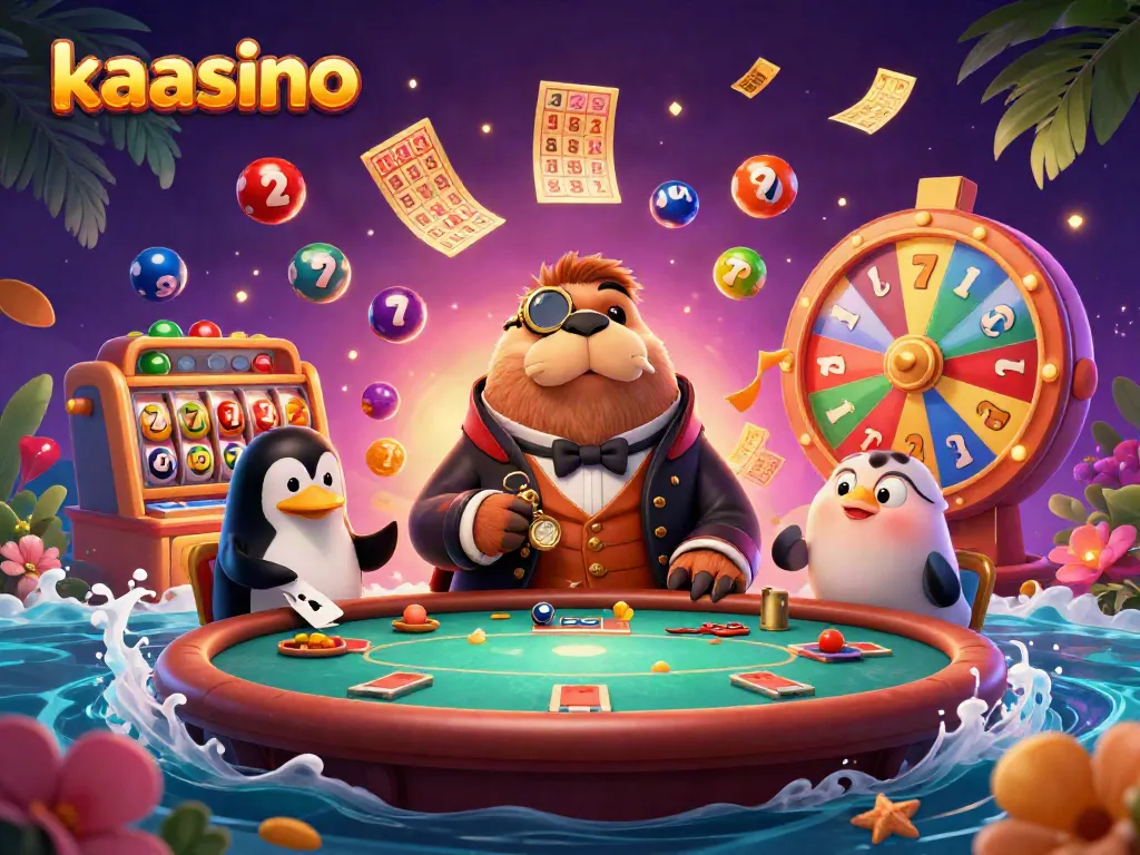 Kaasino gaming scene with a walrus at a poker table, colorful game elements, and vibrant casino atmosphere