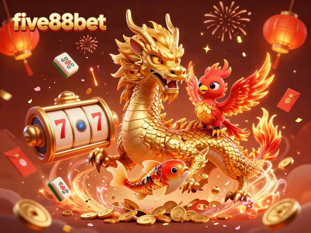 Experience winning thrills with five88bet in a dynamic casino scene featuring a dragon, phoenix, and koi fish.