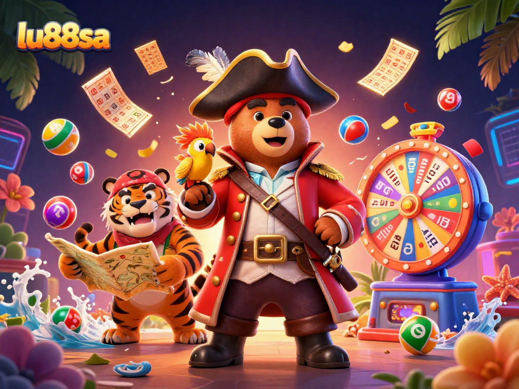 Join the excitement of lu88sa's gambling adventure with a vibrant scene filled with lottery elements.