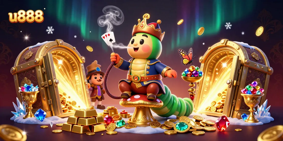 Engage in thrilling gaming at u888 with a vibrant casino scene featuring golden treasures and exciting characters.