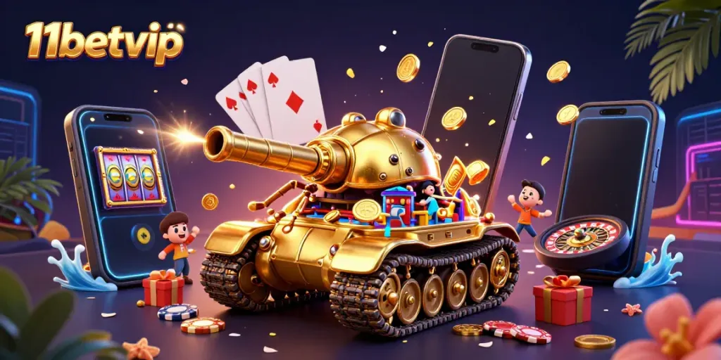 Play and win with 11betvip in this vibrant, action-packed casino scene full of games and rewards.