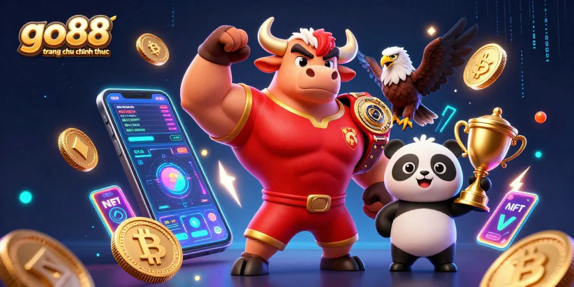 Win big with go88 trang chu chinh thuc in this dynamic casino illustration showcasing vibrant characters and crypto elements.