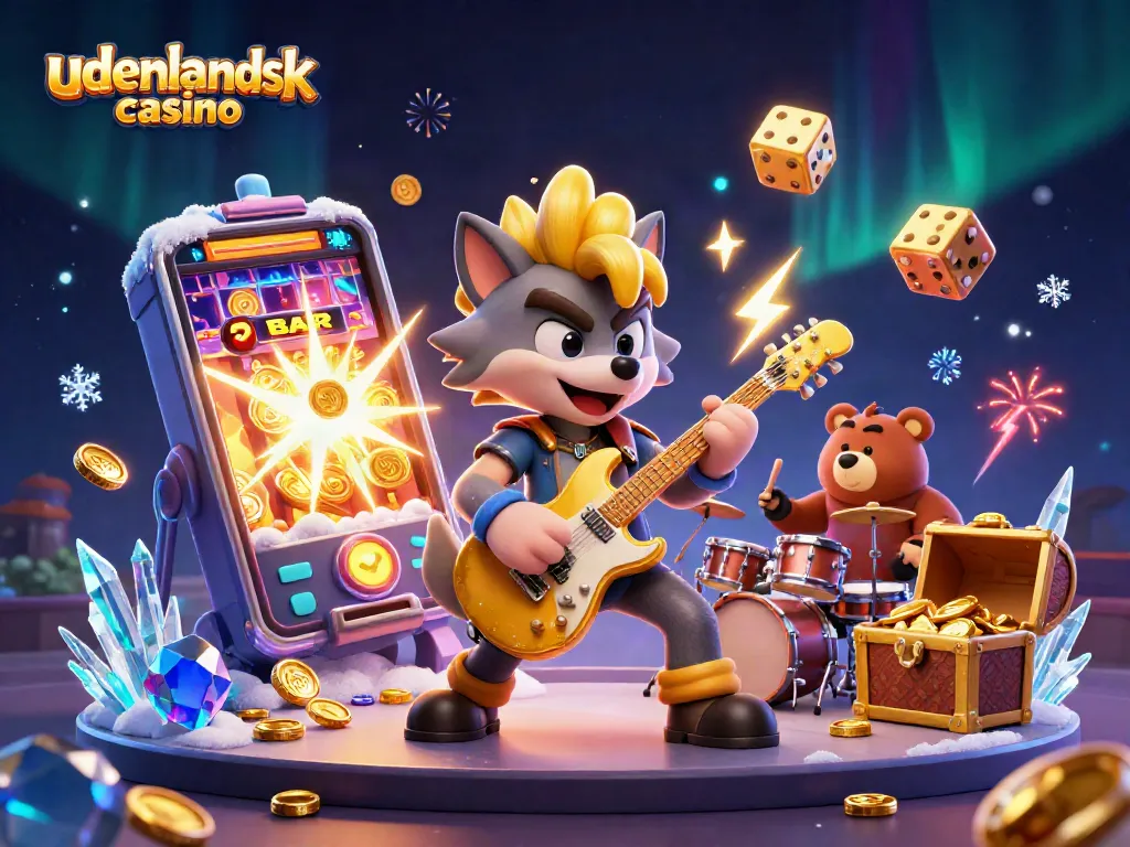 Experience the excitement of udenlandsk casino with a vibrant 3D illustration featuring a rock star wolf and more.