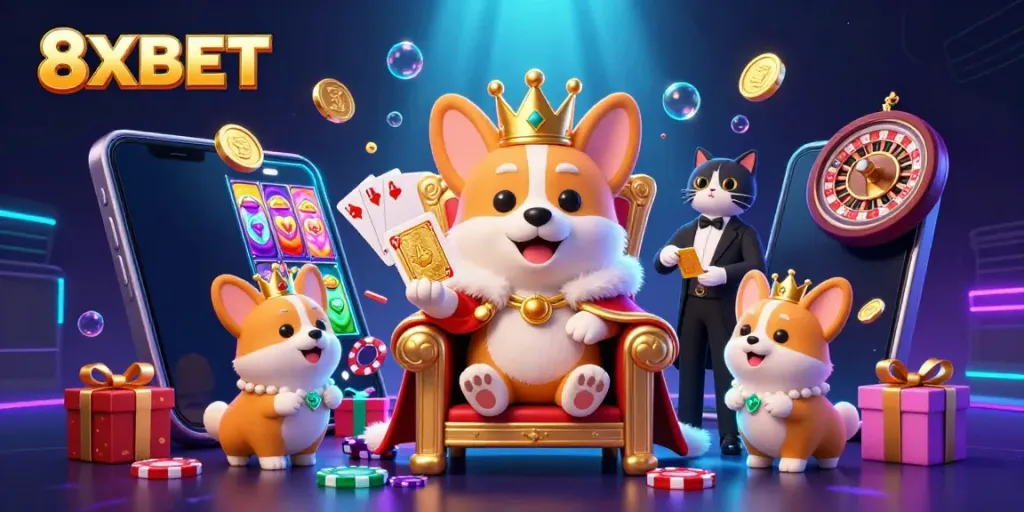 Experience exciting gameplay at 8XBET with our vibrant corgi-themed casino illustration showcasing a royal throne of poker chips.