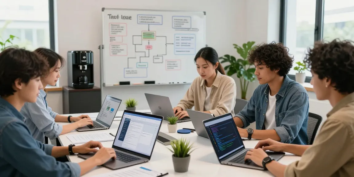 Build internal tools with AI in a collaborative workspace, professionals engaged in development.