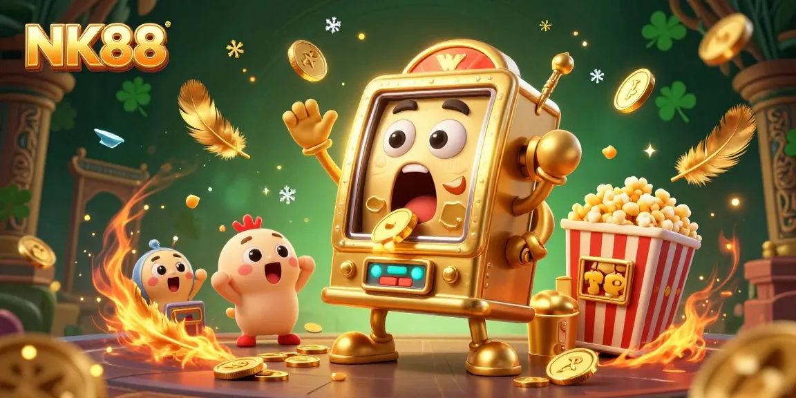 Experience the thrill of jackpots at NK88 with our animated golden slot machine scene full of excitement!