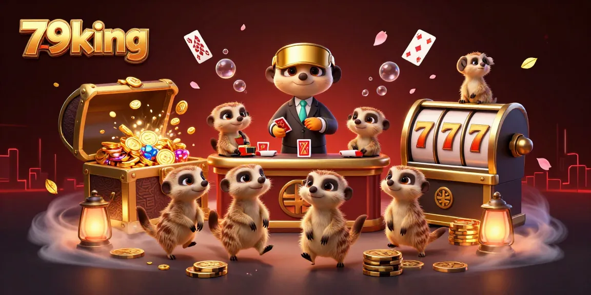 Join the dynamic casino adventure with 79king's meerkat team amidst gold coins and slot reels.