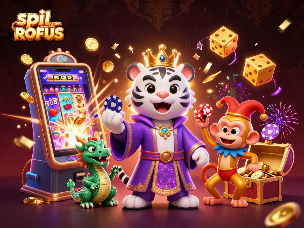 Experience spil casino uden om ROFUS with a vibrant illustration of a joyful white tiger, monkey, and dragon surrounded by gaming elements.