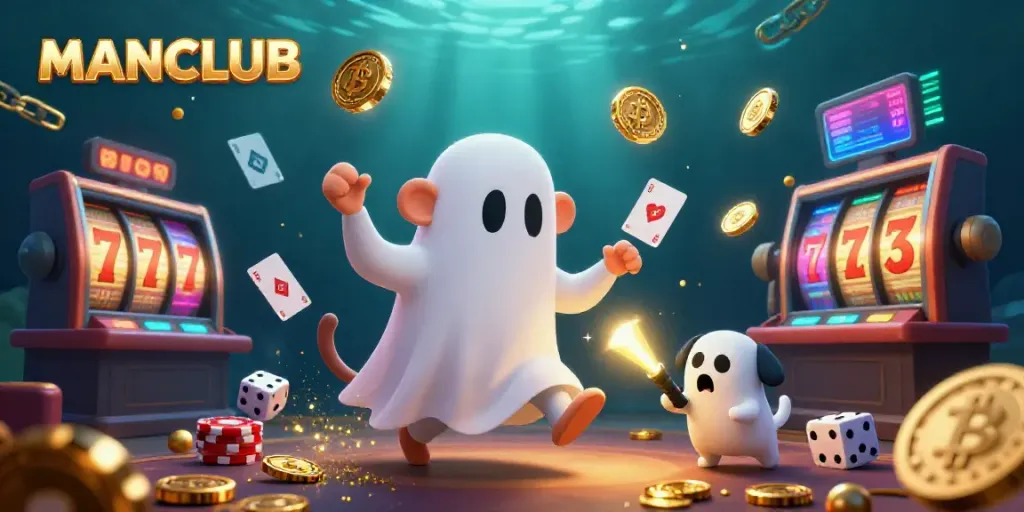 Engage with the dynamic MANCLUB scene showcasing a playful poltergeist monkey juggling golden coins around a vibrant casino.