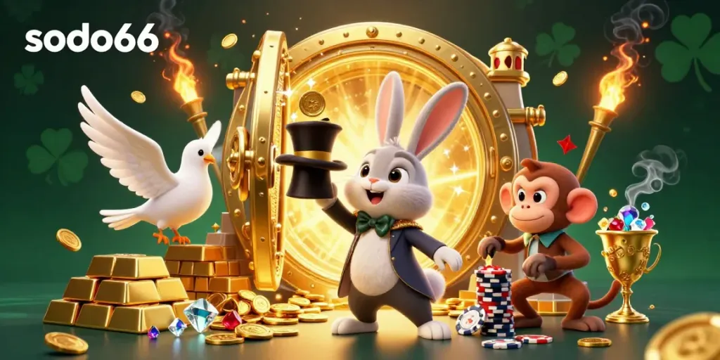 Sodo66's dynamic platform showcases a magician rabbit pulling coins, enhancing the online gambling experience.