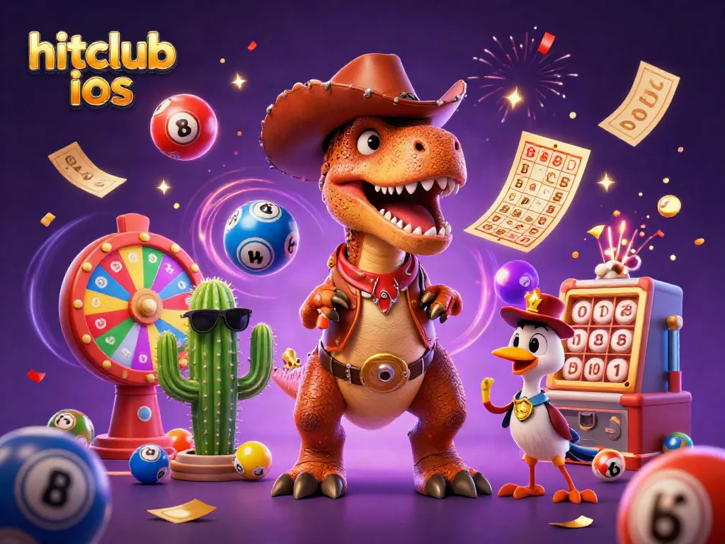 Join the thrilling action with hitclub ios, featuring a T-Rex, cactus, and roadrunner amidst colorful gaming elements.