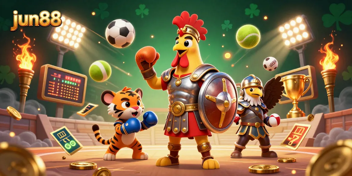 Engage with jun88's thrilling casino experience featuring a gladiator rooster amidst dynamic sports elements, showcasing excitement.