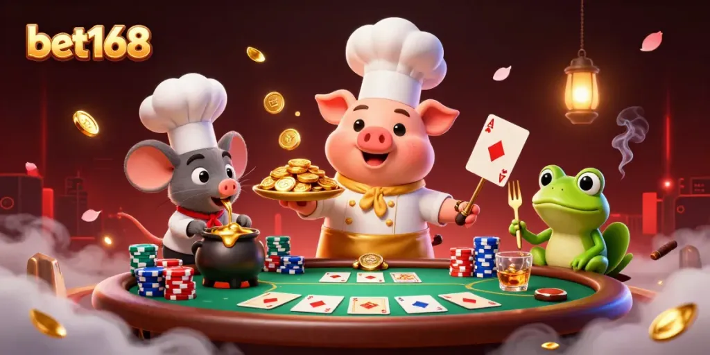 Bet168 showcases gold coins served by a chef pig in an engaging casino illustration.