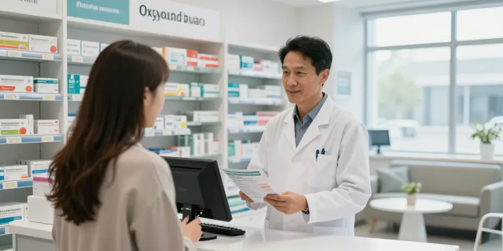 Klantenservice bij de apotheek over Oxycodon kopen, professionele warme sfeer.