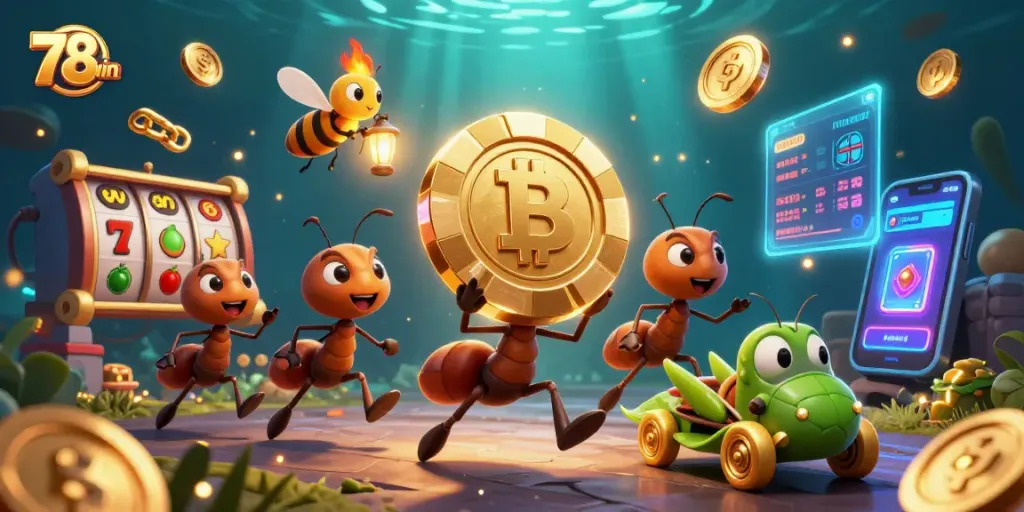 Experience thrilling moments at 78win with cartoon ants carrying a giant poker chip.
