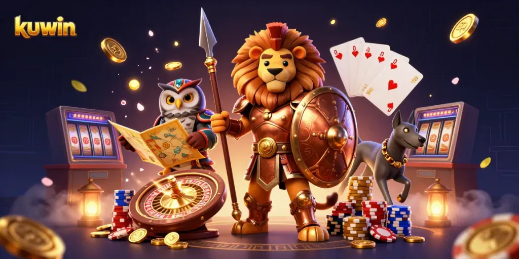 Kuwin's dynamic 3D casino scene showcasing the Spartan lion with golden coins and a roulette wheel.