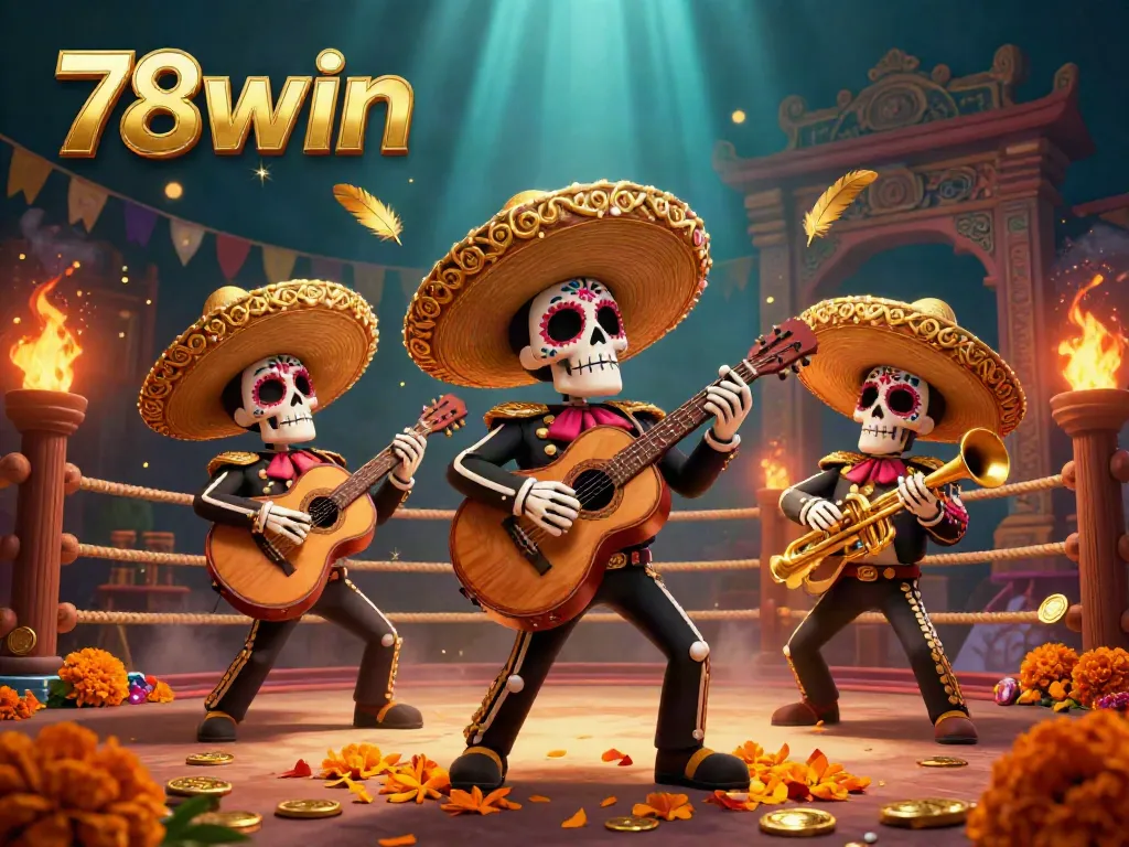 Experience vibrant casino fun with 78win's mariachi, music, and dynamic gaming elements in a colorful 3D scene.