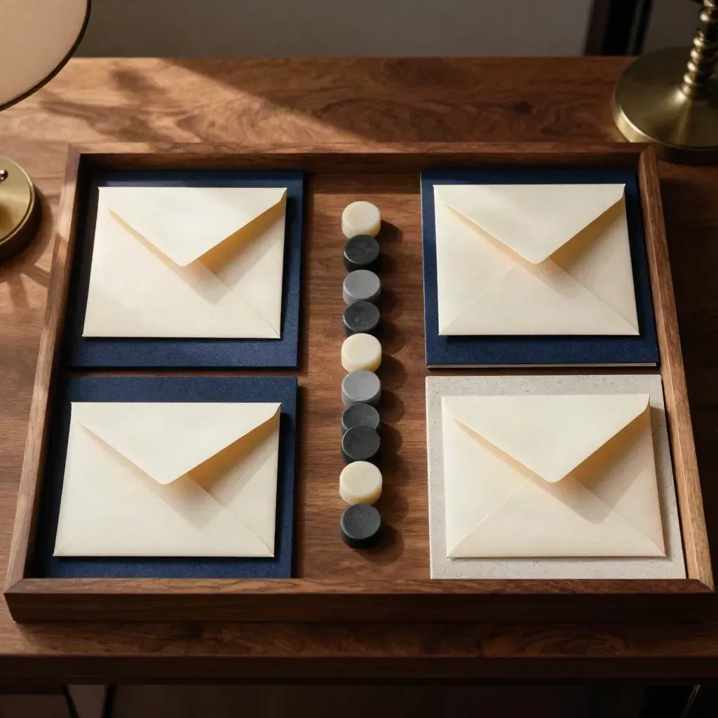 Bovenaanzicht van kasstroomobjecten met enveloppen, trays en stenen tokens op warm hout.