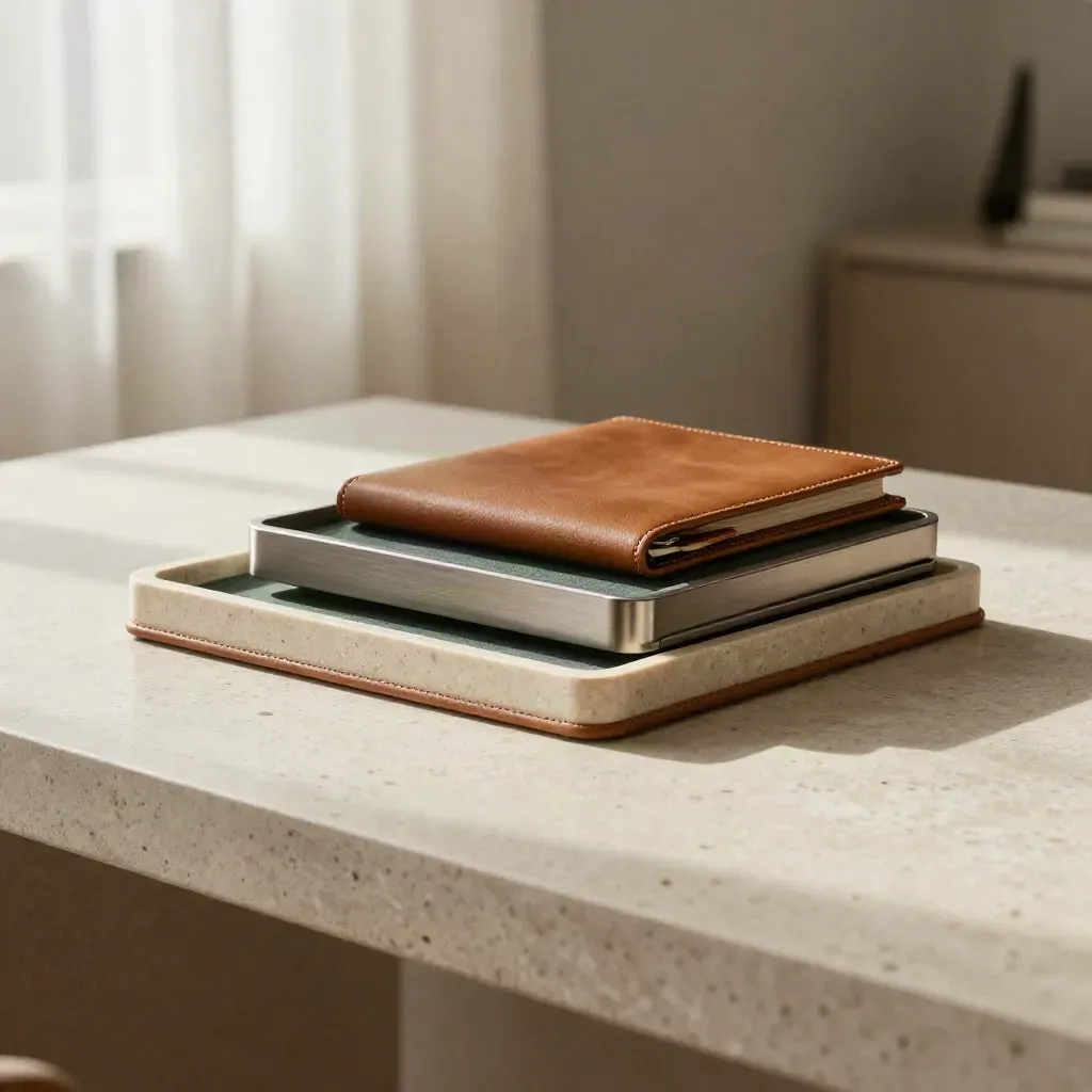 Drie financiële trays in leer, steen en metaal op een minimalistisch bureau.