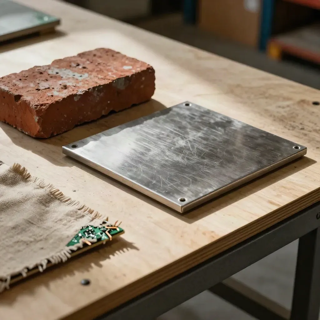 Extreme close-up van sectorrisico-samples: brick, staal, stof en circuit board op een lichte werkbank.
