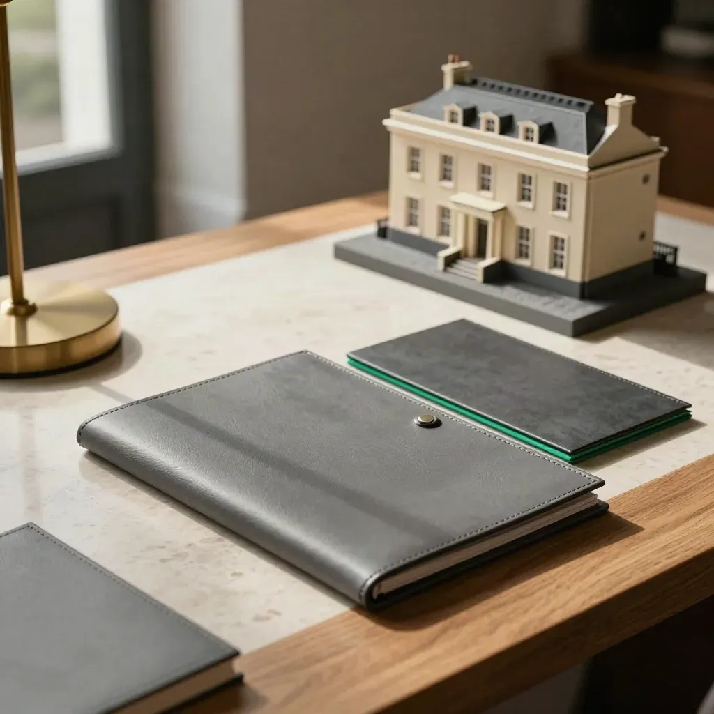 Financieringsdesk met maket van herenhuis, leerportfolio en twee gelijnde mappen in ochtendlicht.